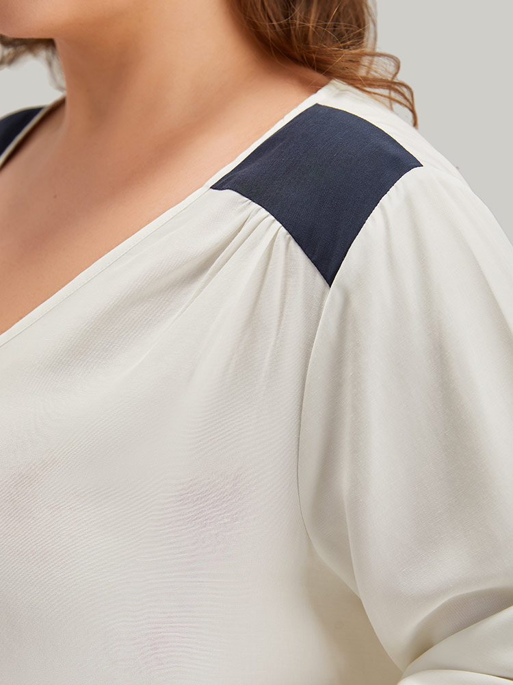 Plus Size Women Work Plain Pleated Regular Sleeve Long Sleeve V-neck Office Blouses BloomChic 