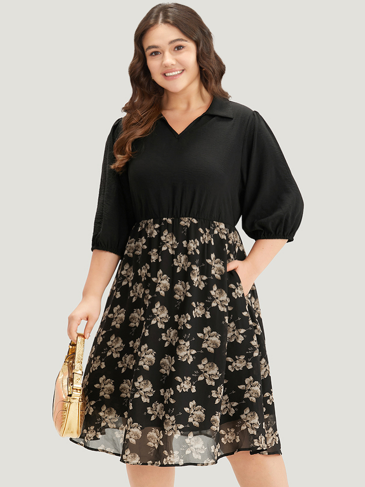 Plus Size Women Work Floral Lined Lantern Sleeve Half Sleeve Shirt collar Pocket Office Dresses BloomChic 