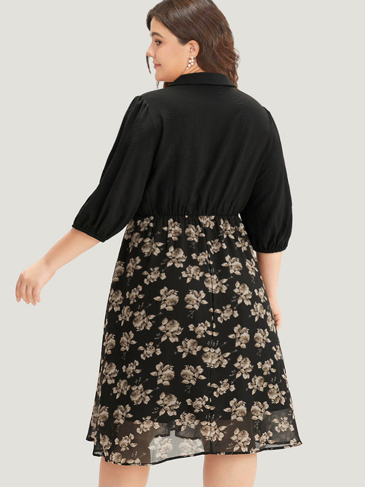 Plus Size Women Work Floral Lined Lantern Sleeve Half Sleeve Shirt collar Pocket Office Dresses BloomChic 