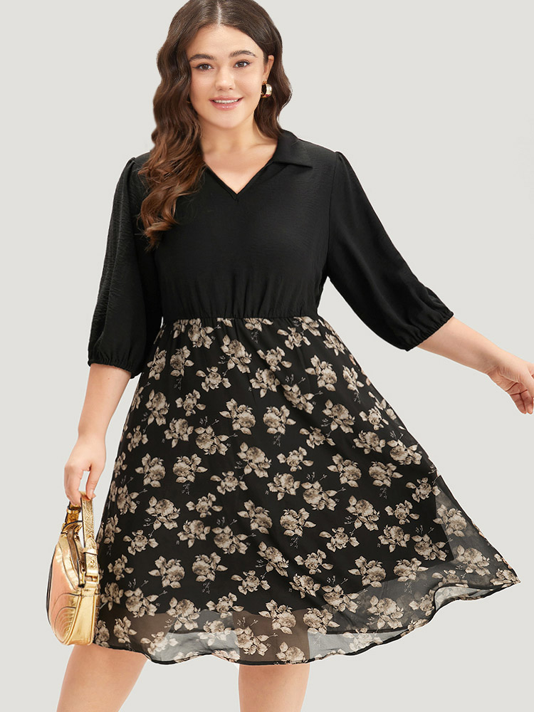 Plus Size Women Work Floral Lined Lantern Sleeve Half Sleeve Shirt collar Pocket Office Dresses BloomChic 