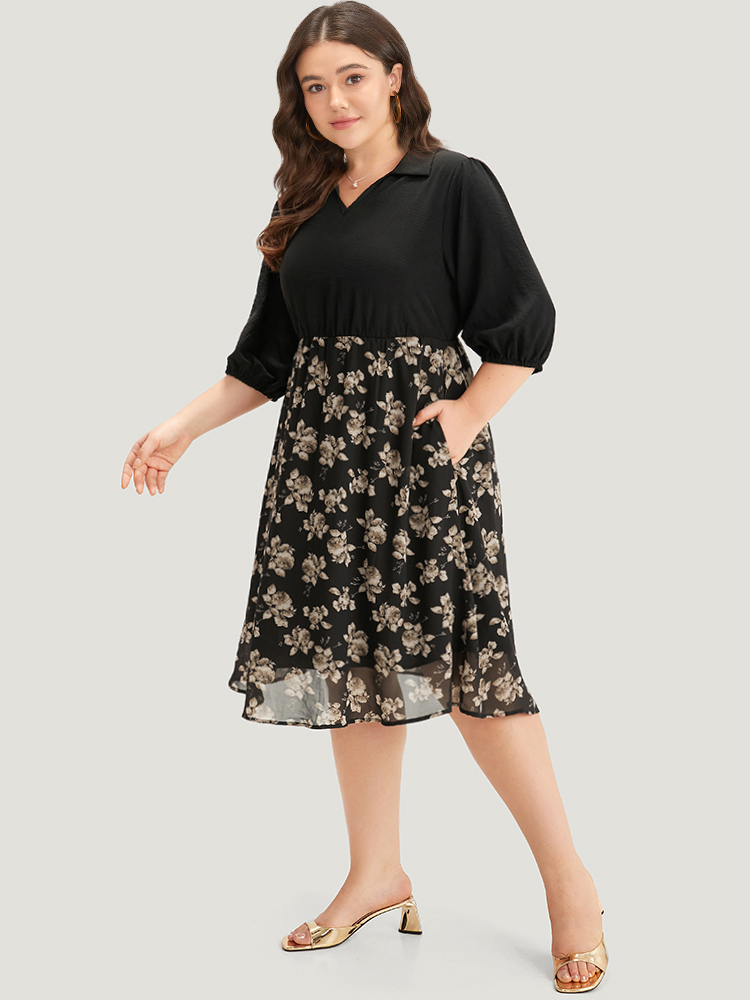 Plus Size Women Work Floral Lined Lantern Sleeve Half Sleeve Shirt collar Pocket Office Dresses BloomChic 