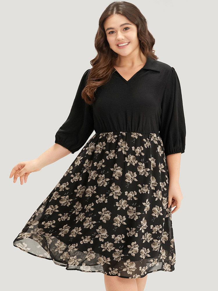 Plus Size Women Work Floral Lined Lantern Sleeve Half Sleeve Shirt collar Pocket Office Dresses BloomChic 