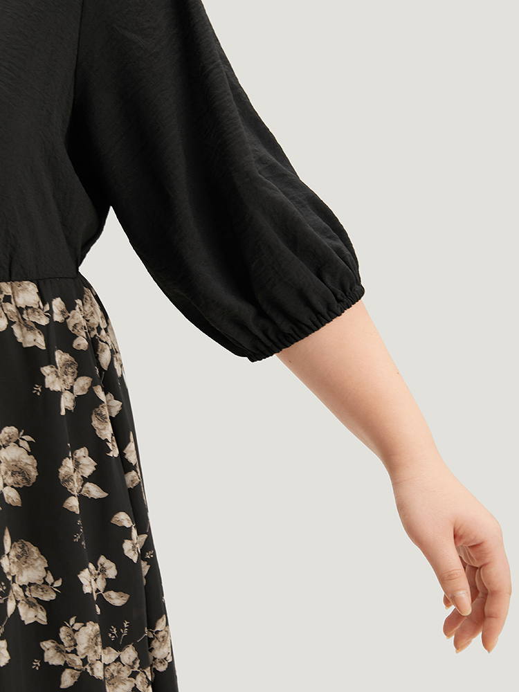Plus Size Women Work Floral Lined Lantern Sleeve Half Sleeve Shirt collar Pocket Office Dresses BloomChic 