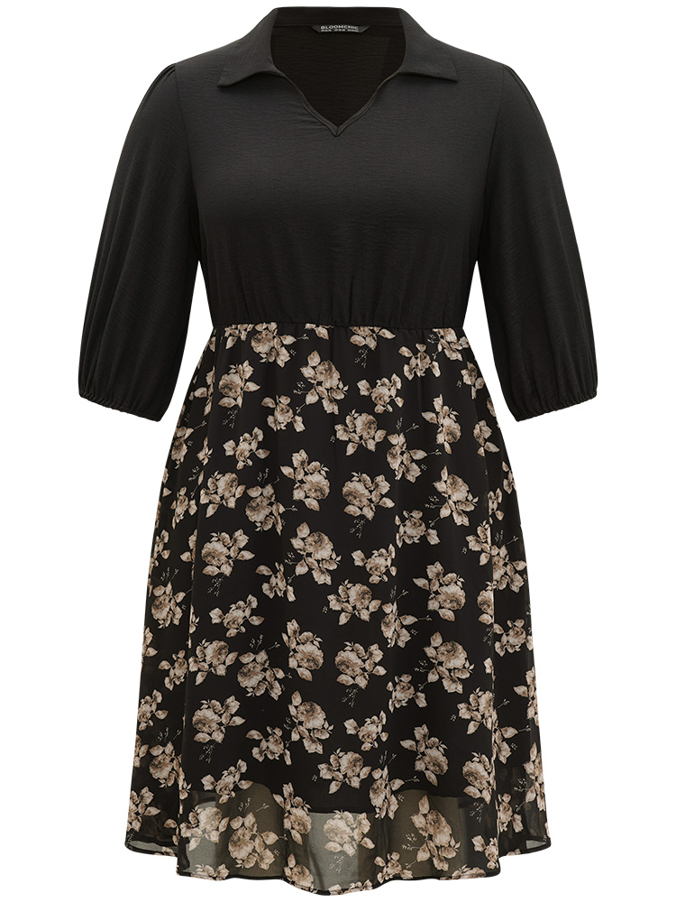 Plus Size Women Work Floral Lined Lantern Sleeve Half Sleeve Shirt collar Pocket Office Dresses BloomChic 