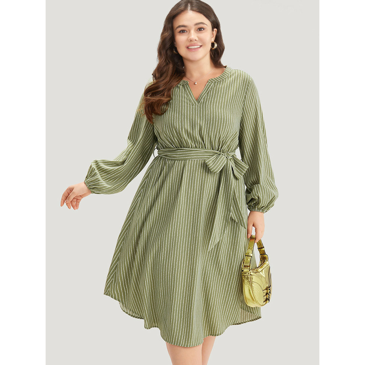 

Plus Size Striped Notched Belted Lantern Sleeve Dress Sage Women Elastic cuffs Notched collar Long Sleeve Curvy Midi Dress BloomChic