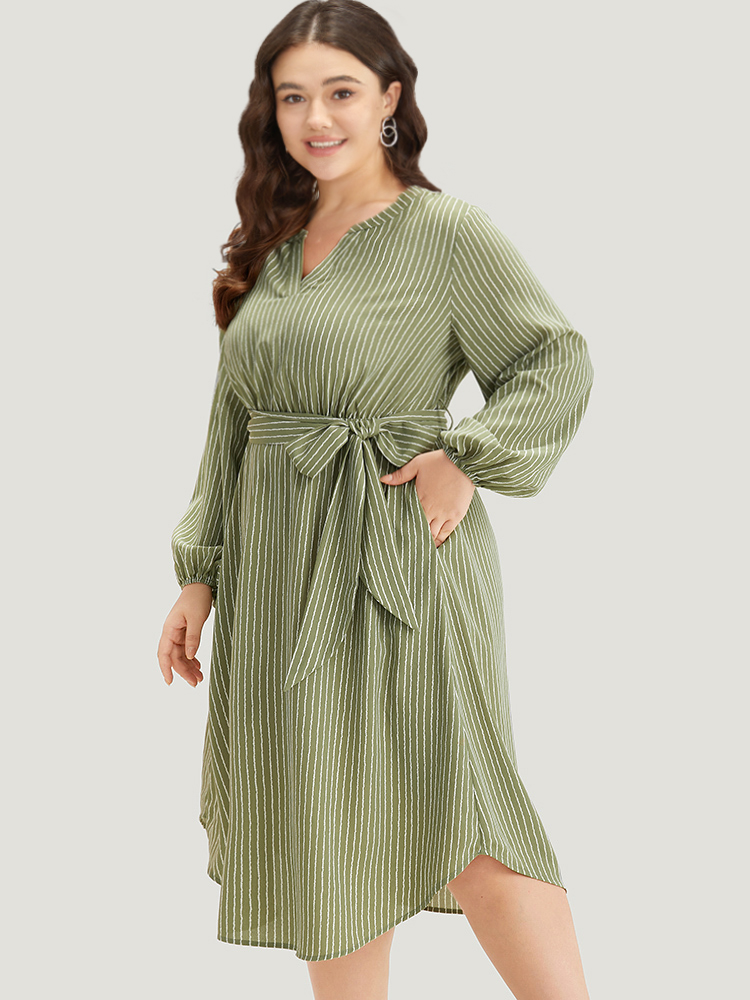 

Plus Size Striped Notched Belted Lantern Sleeve Dress Sage Women Elastic cuffs Notched collar Long Sleeve Curvy Midi Dress BloomChic