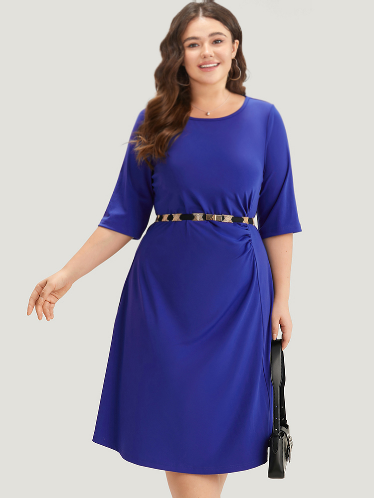 

Plus Size Plain Ruched Half Sleeve Bodycon Dress Blue Women Office Plain Round Neck Half Sleeve Curvy Midi Dress BloomChic