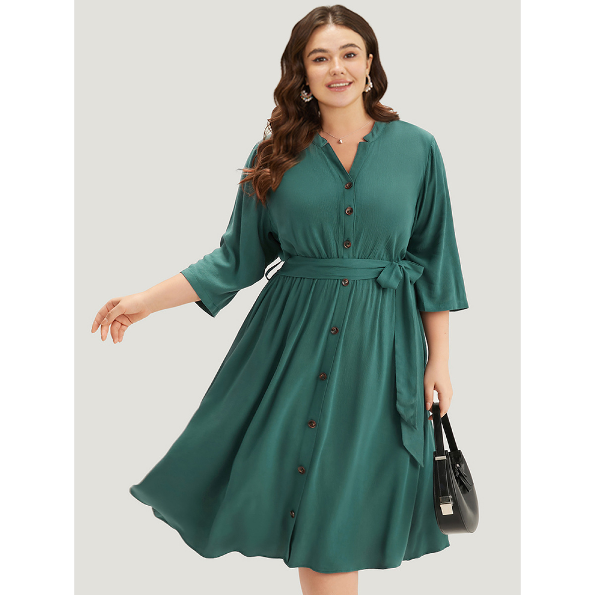 

Plus Size Solid Button Detail Pocket Belted Notched Dress Emerald Women Plain Notched collar Elbow-length sleeve Curvy Midi Dress BloomChic