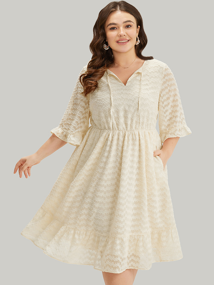 

Plus Size Solid Plisse Knot Neck Pocket Flutter Dress Beige Women Elegant Texture Tie Neck Half Sleeve Curvy Midi Dress BloomChic