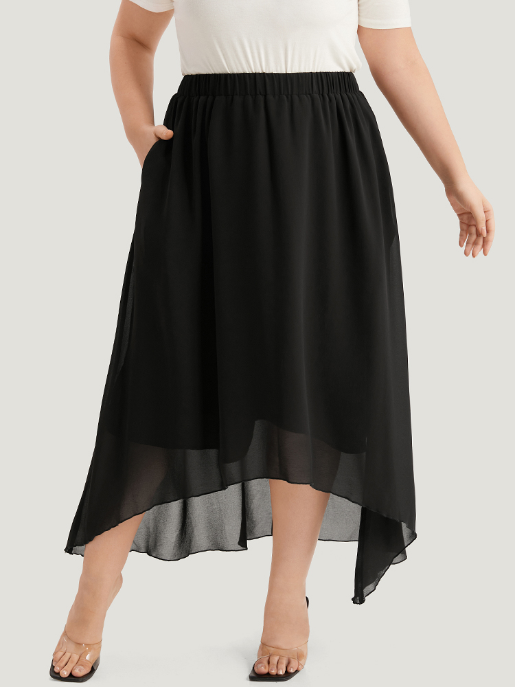 

Plus Size Plain Elastic Waist Pocket Mesh High Low Hem Skirt Women Black Elegant Elastic Waist Loose Low stretch Dailywear Skirts BloomChic