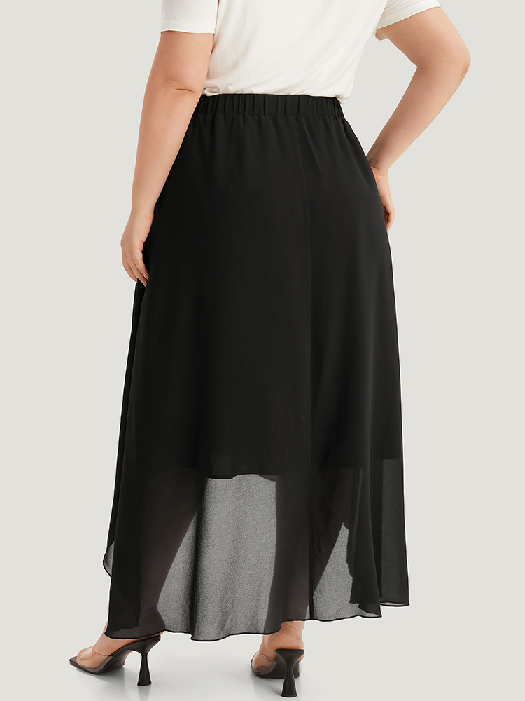 Plus Size Plain Elastic Waist Pocket Mesh High Low Hem Skirt Women Black Elegant Elastic Waist Loose Low stretch Dailywear Skirts BloomChic 14-16/1X 