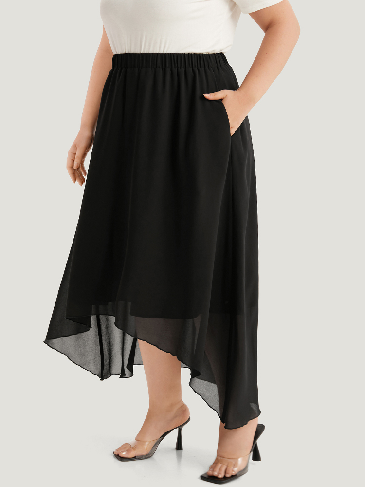 Plus Size Plain Elastic Waist Pocket Mesh High Low Hem Skirt Women Black Elegant Elastic Waist Loose Low stretch Dailywear Skirts BloomChic 14-16/1X 