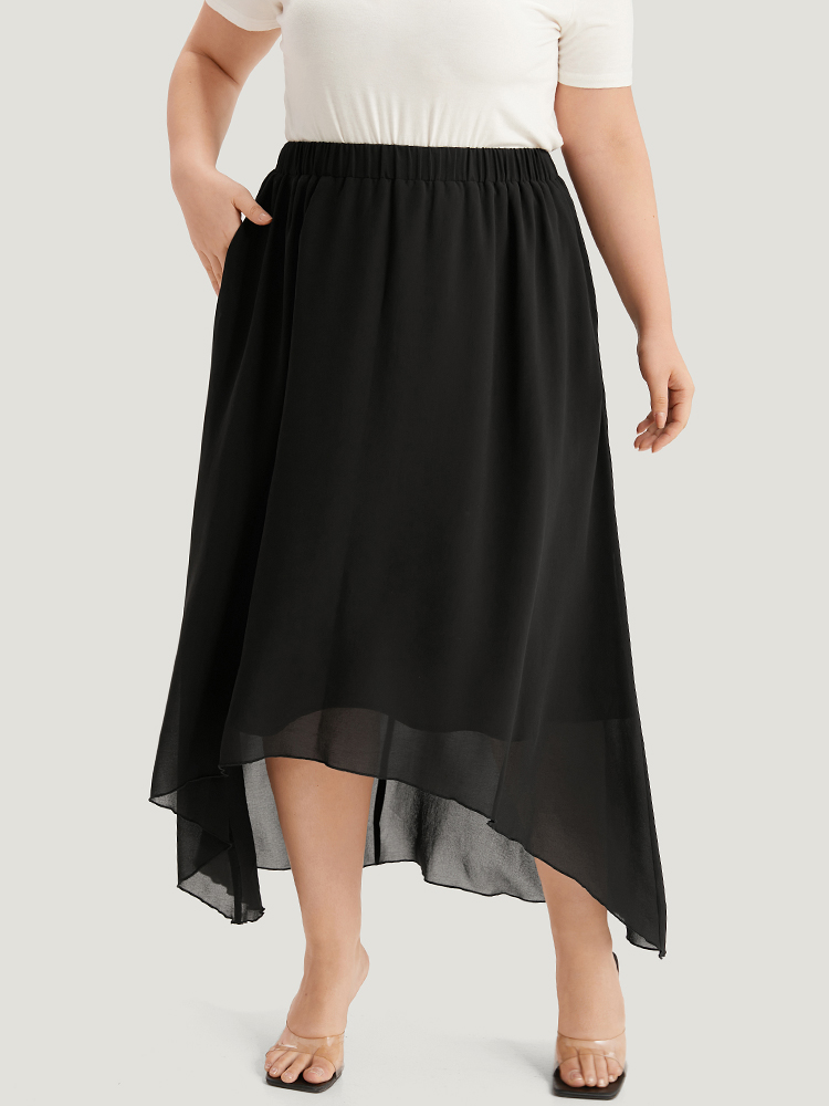 Plus Size Plain Elastic Waist Pocket Mesh High Low Hem Skirt Women Black Elegant Elastic Waist Loose Low stretch Dailywear Skirts BloomChic 14-16/1X 