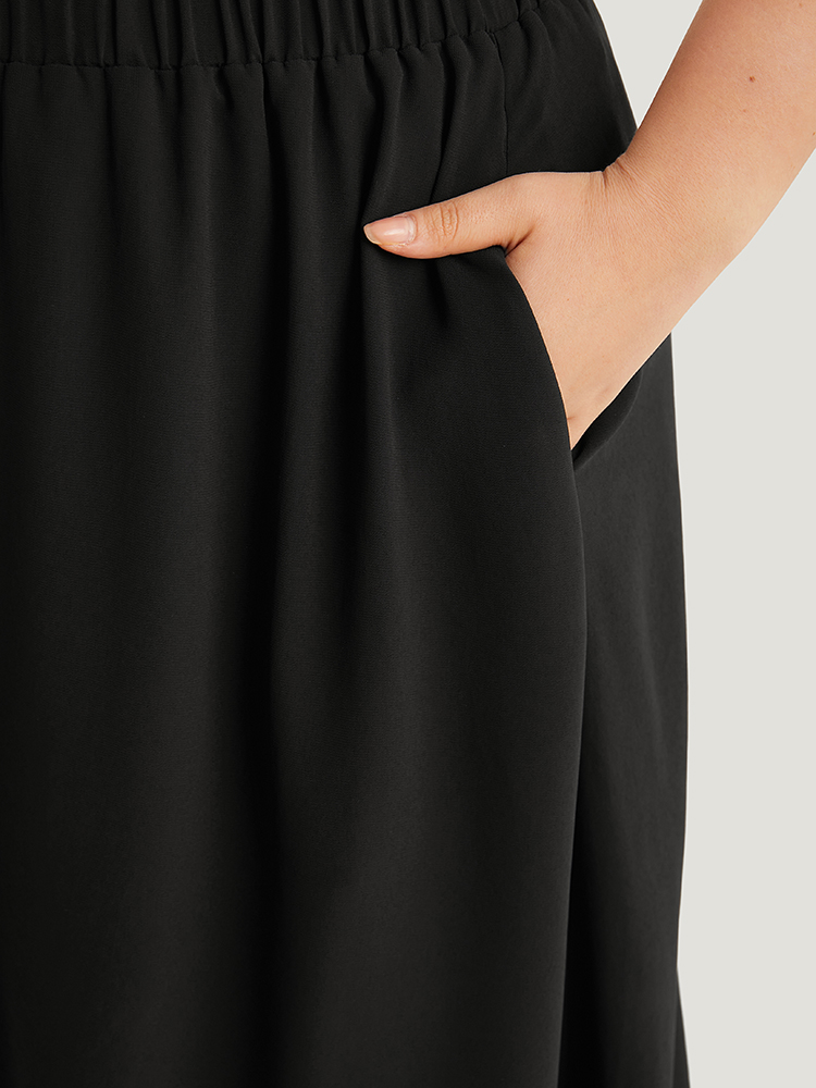 Plus Size Plain Elastic Waist Pocket Mesh High Low Hem Skirt Women Black Elegant Elastic Waist Loose Low stretch Dailywear Skirts BloomChic 14-16/1X 