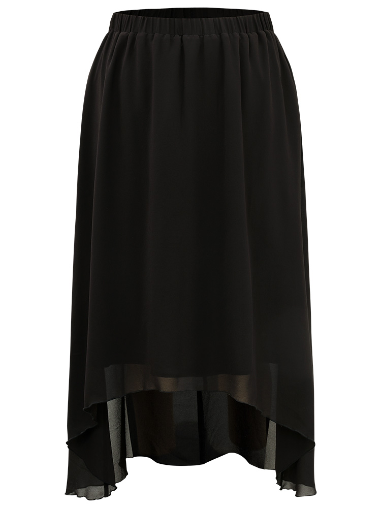 Plus Size Plain Elastic Waist Pocket Mesh High Low Hem Skirt Women Black Elegant Elastic Waist Loose Low stretch Dailywear Skirts BloomChic 14-16/1X 