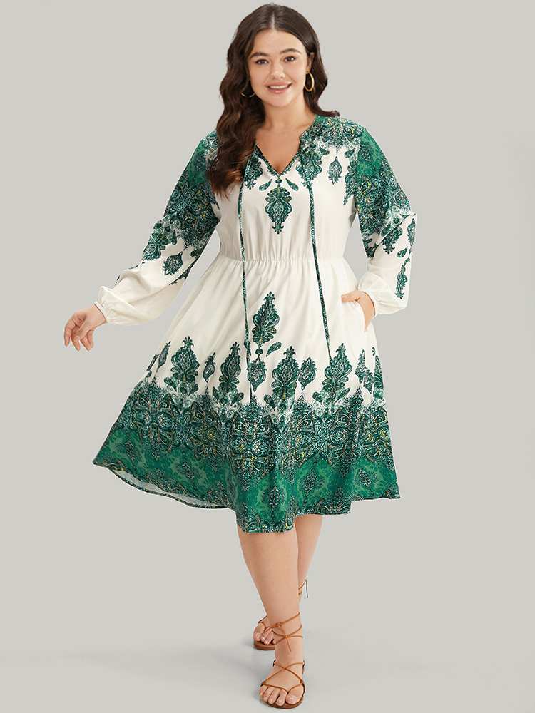 

Plus Size Bandana Print Tie Neck Lantern Sleeve Dress Green Women Vacation Elastic cuffs Notched collar Long Sleeve Curvy Midi Dress BloomChic