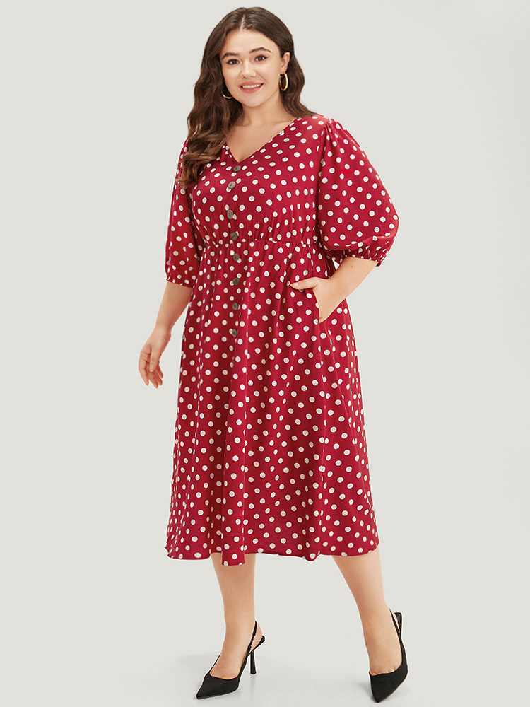 

Plus Size Polka Dot Pocket Button Detail Lantern Sleeve Dress Scarlet Women Elegant Printed V-neck Half Sleeve Curvy Midi Dress BloomChic