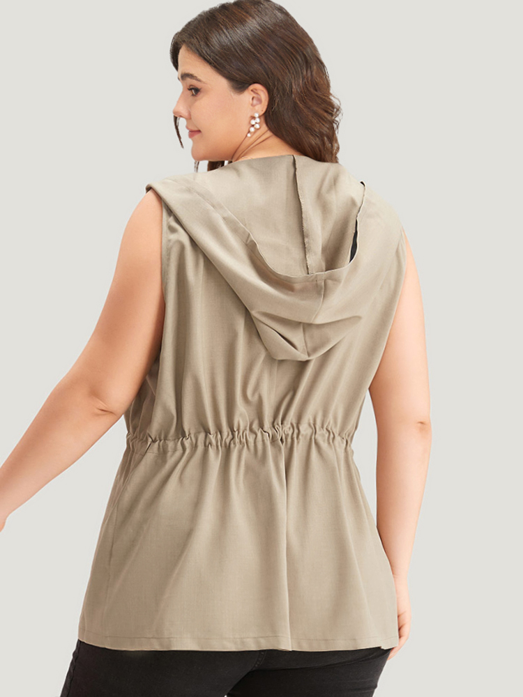 Plus Size Contrast Trim Hooded Elastic Waist Drawstring Sleeveless Jacket Women LightBrown Casual Contrast Ladies Dailywear Winter Coats BloomChic 18-20/2X 