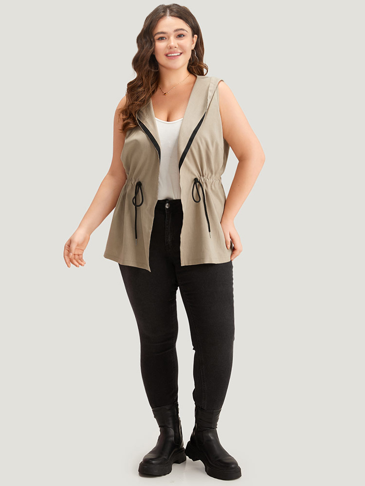 Plus Size Contrast Trim Hooded Elastic Waist Drawstring Sleeveless Jacket Women LightBrown Casual Contrast Ladies Dailywear Winter Coats BloomChic 18-20/2X 