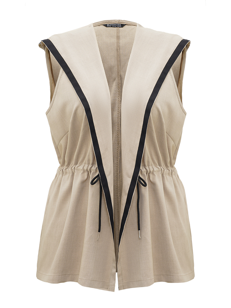 Plus Size Contrast Trim Hooded Elastic Waist Drawstring Sleeveless Jacket Women LightBrown Casual Contrast Ladies Dailywear Winter Coats BloomChic 18-20/2X 