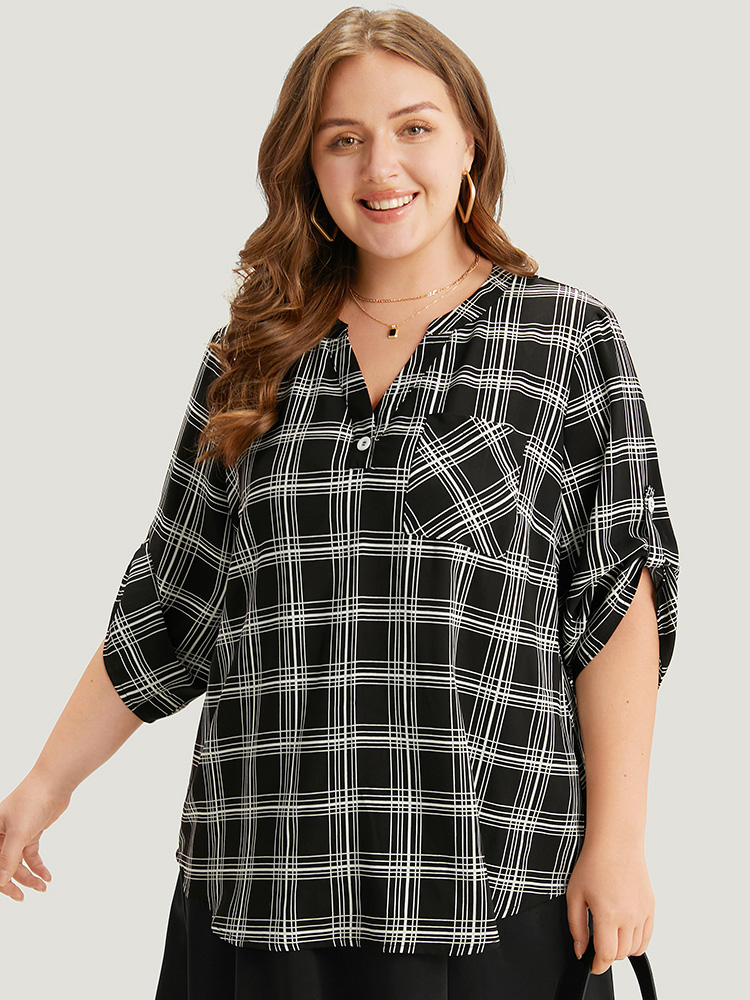 

Plaid V Neck Button Up Tab Sleeve Woven Top, Black