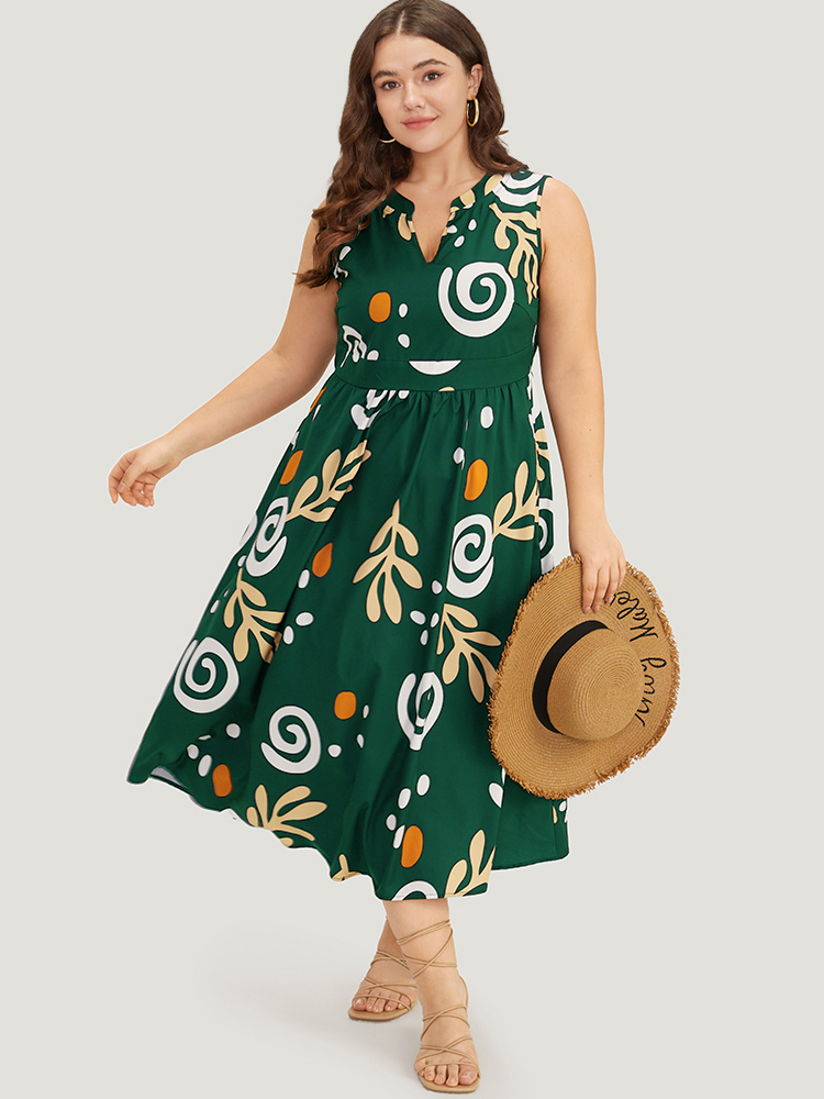 

Plus Size Graphic Print Notched Pocket Tank Dress DarkGreen Women Vacation Printed Notched collar Sleeveless Curvy Midi Dress BloomChic