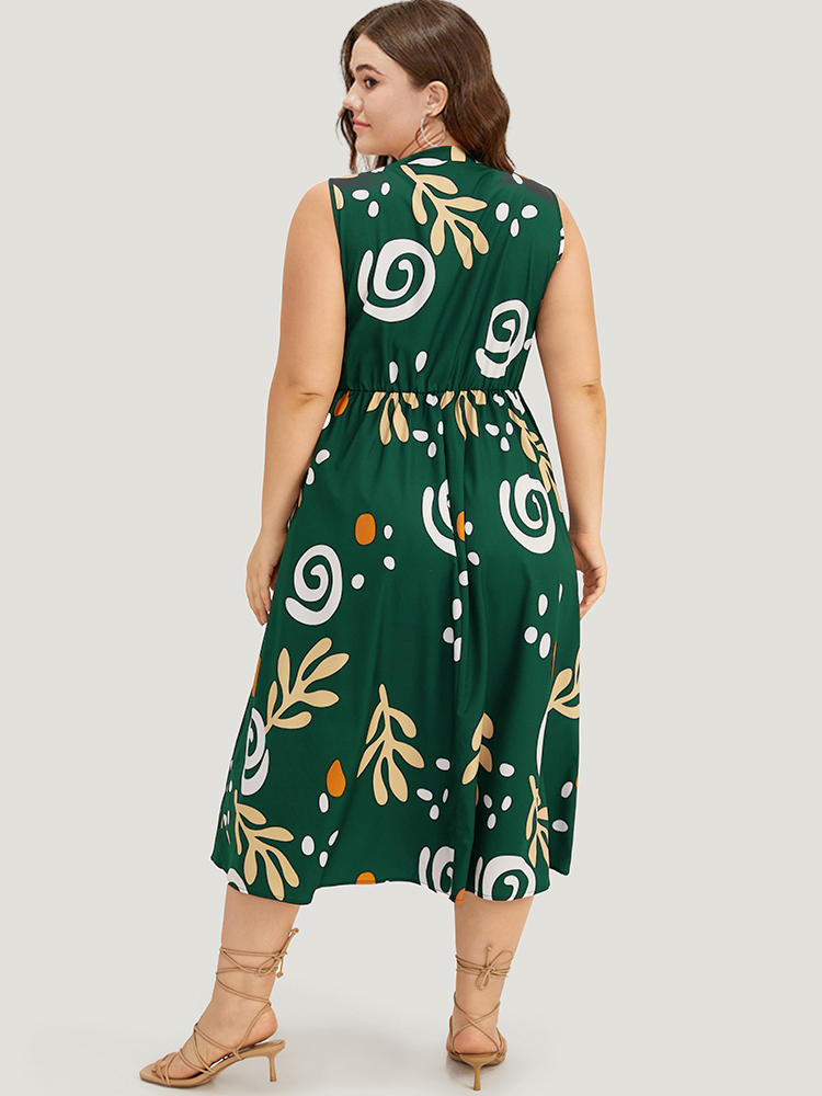 Plus Size Graphic Print Notched Pocket Tank Dress DarkGreen Women Vacation Printed Notched collar Sleeveless Curvy Midi Dress BloomChic 18-20/2X 