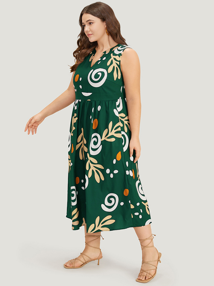 Plus Size Graphic Print Notched Pocket Tank Dress DarkGreen Women Vacation Printed Notched collar Sleeveless Curvy Midi Dress BloomChic 18-20/2X 