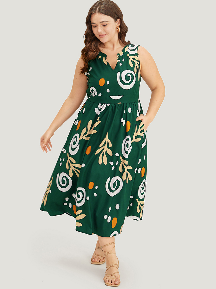 Plus Size Graphic Print Notched Pocket Tank Dress DarkGreen Women Vacation Printed Notched collar Sleeveless Curvy Midi Dress BloomChic 18-20/2X 