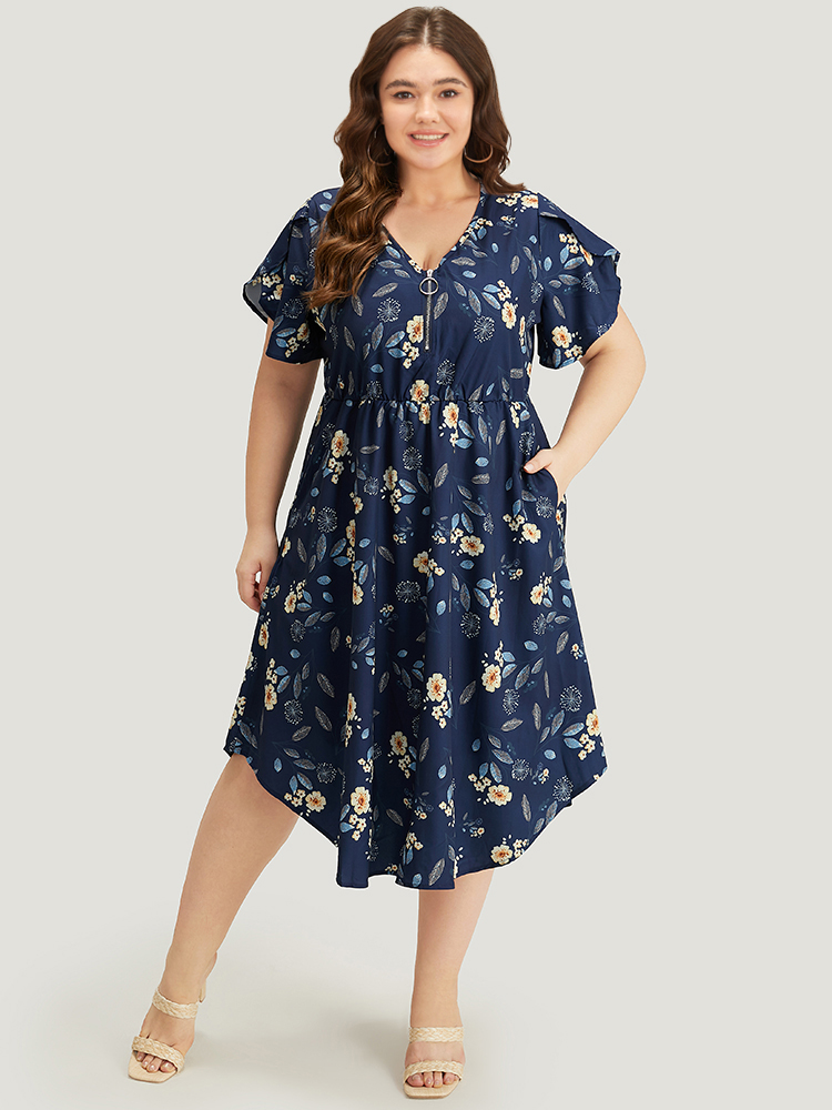 

Plus Size Floral Arc Hem Pocket Split Petal Sleeve Zip Up Dress Navy Women Lined V-neck Short sleeve Curvy Midi Dress BloomChic