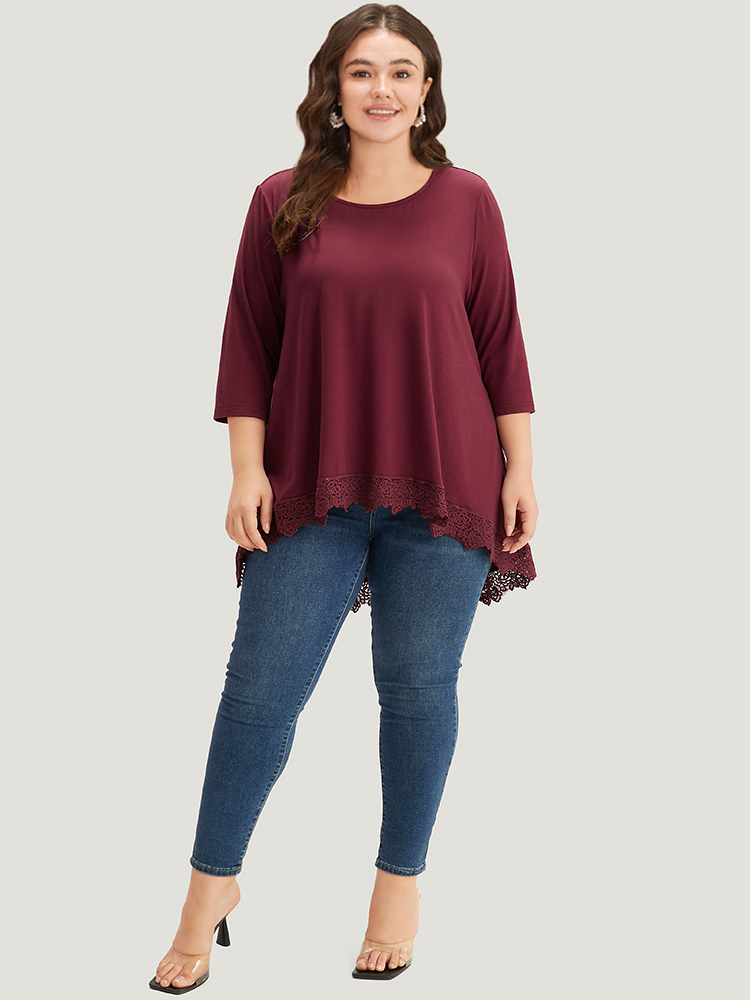 

Plain Guipure Lace High Low Hem T-shirt, Burgundy