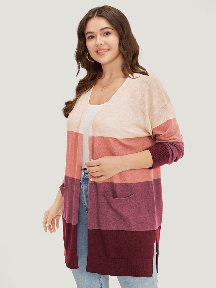 

Plus Size Supersoft Essentials Colorblock Contrast Pocket Split Side Cardigan RedViolet Women Casual Loose Long Sleeve Everyday Cardigans BloomChic