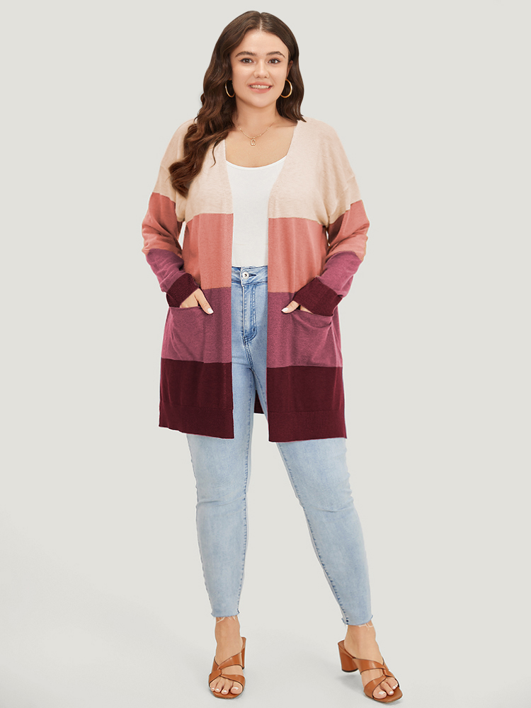 

Plus Size Supersoft Essentials Colorblock Contrast Pocket Split Side Cardigan RedViolet Women Casual Loose Long Sleeve Everyday Cardigans BloomChic