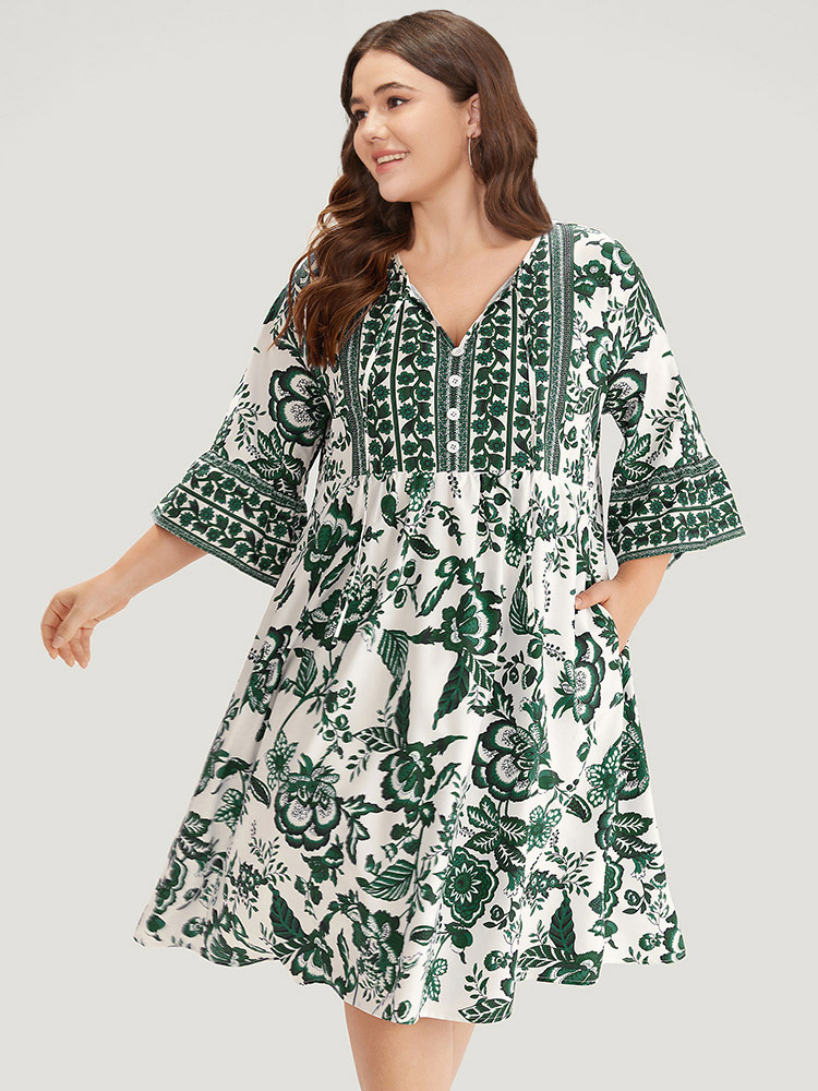 

Plus Size Bandana Print Knot Neck Button Detail Dress DarkGreen Women Vacation Cross straps V-neck Elbow-length sleeve Curvy Midi Dress BloomChic