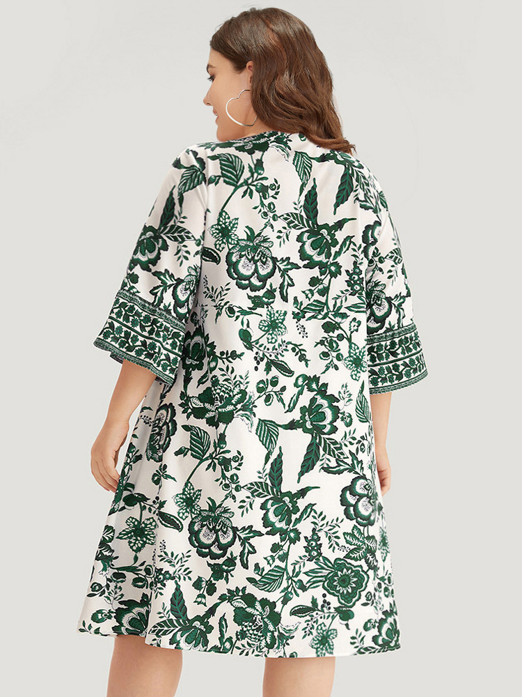 Plus Size Bandana Print Knot Neck Button Detail Dress DarkGreen Women Vacation Cross straps V-neck Elbow-length sleeve Curvy Midi Dress BloomChic 22-24/3X 