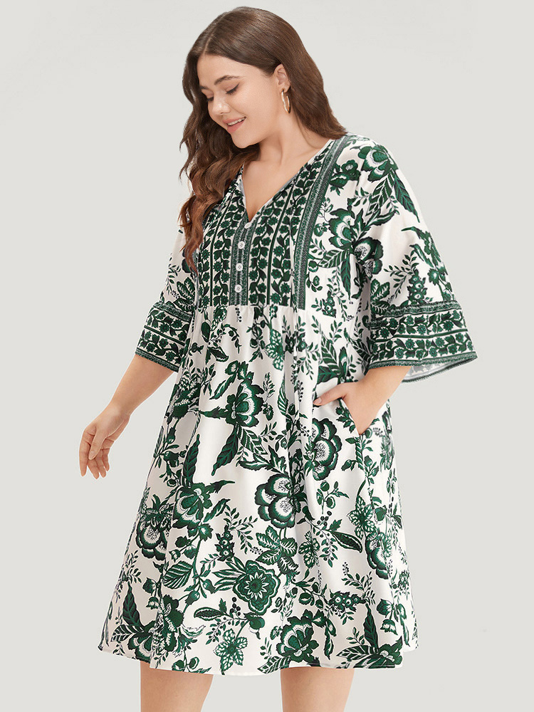 

Plus Size Bandana Print Knot Neck Button Detail Dress DarkGreen Women Vacation Cross straps V-neck Elbow-length sleeve Curvy Midi Dress BloomChic