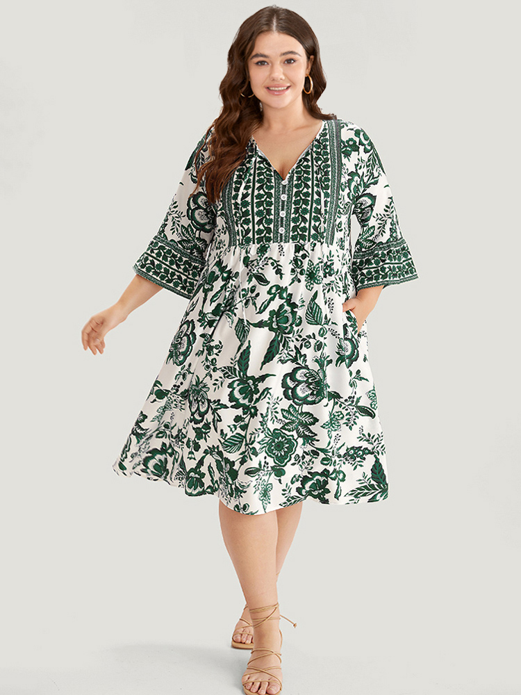 Plus Size Bandana Print Knot Neck Button Detail Dress DarkGreen Women Vacation Cross straps V-neck Elbow-length sleeve Curvy Midi Dress BloomChic 22-24/3X 