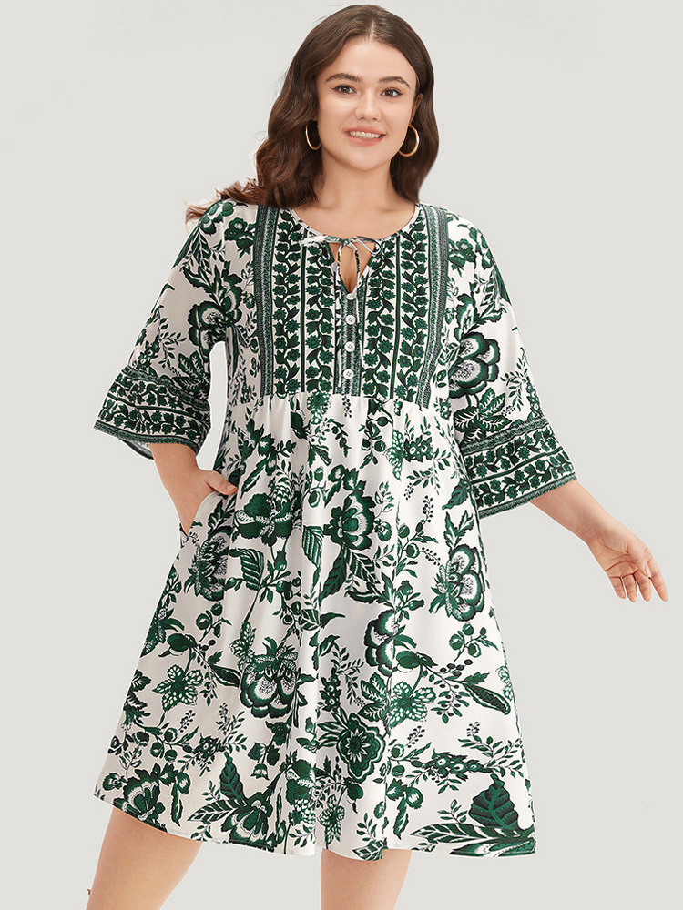 Plus Size Bandana Print Knot Neck Button Detail Dress DarkGreen Women Vacation Cross straps V-neck Elbow-length sleeve Curvy Midi Dress BloomChic 22-24/3X 
