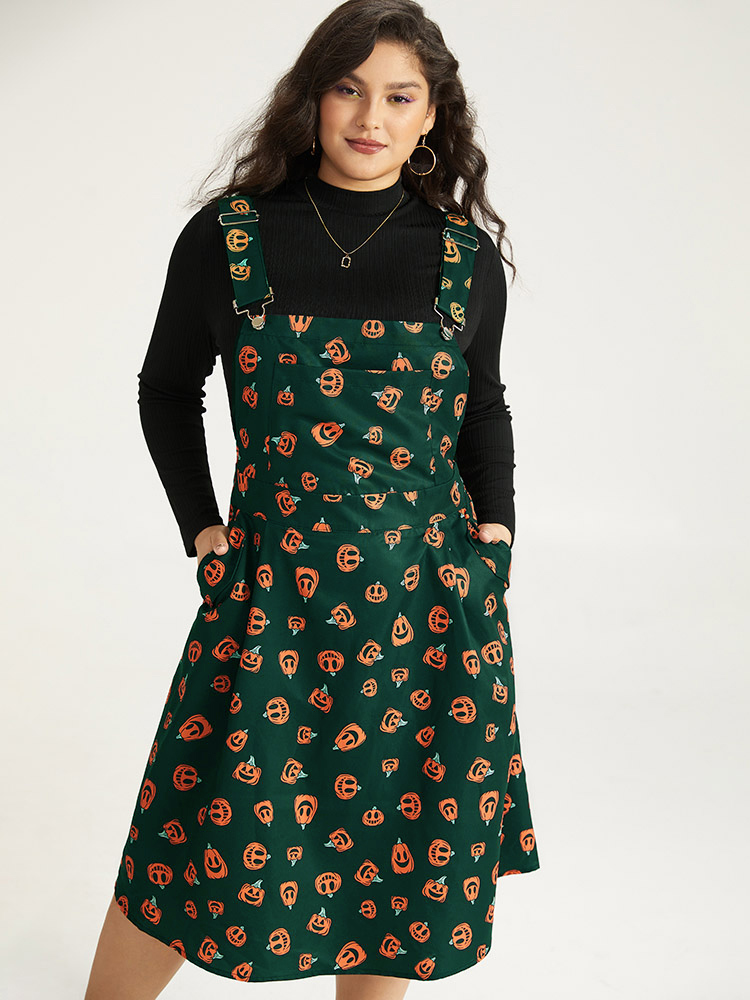 

Plus Size Halloween Pocket Pumpkin Print Overall Cami Dress DarkGreen Women Casual Adjustable Straps Spaghetti Strap Sleeveless Curvy Midi Dress BloomChic