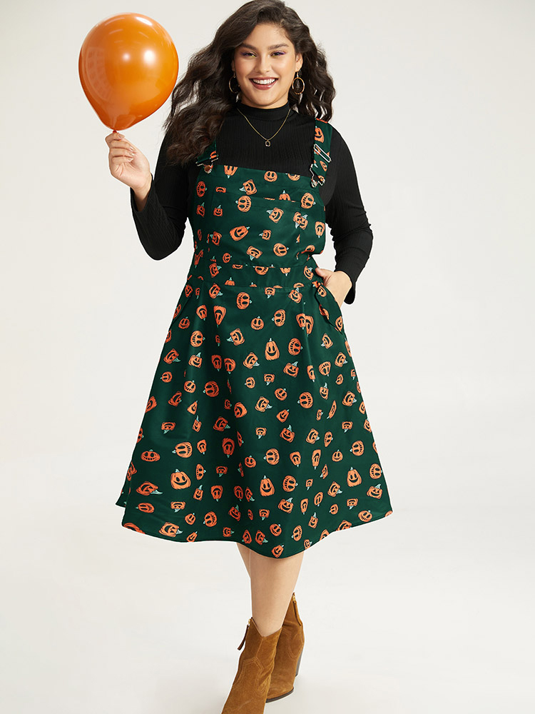 

Plus Size Halloween Pocket Pumpkin Print Overall Cami Dress DarkGreen Women Adjustable Straps Spaghetti Strap Sleeveless Curvy Midi Dress BloomChic