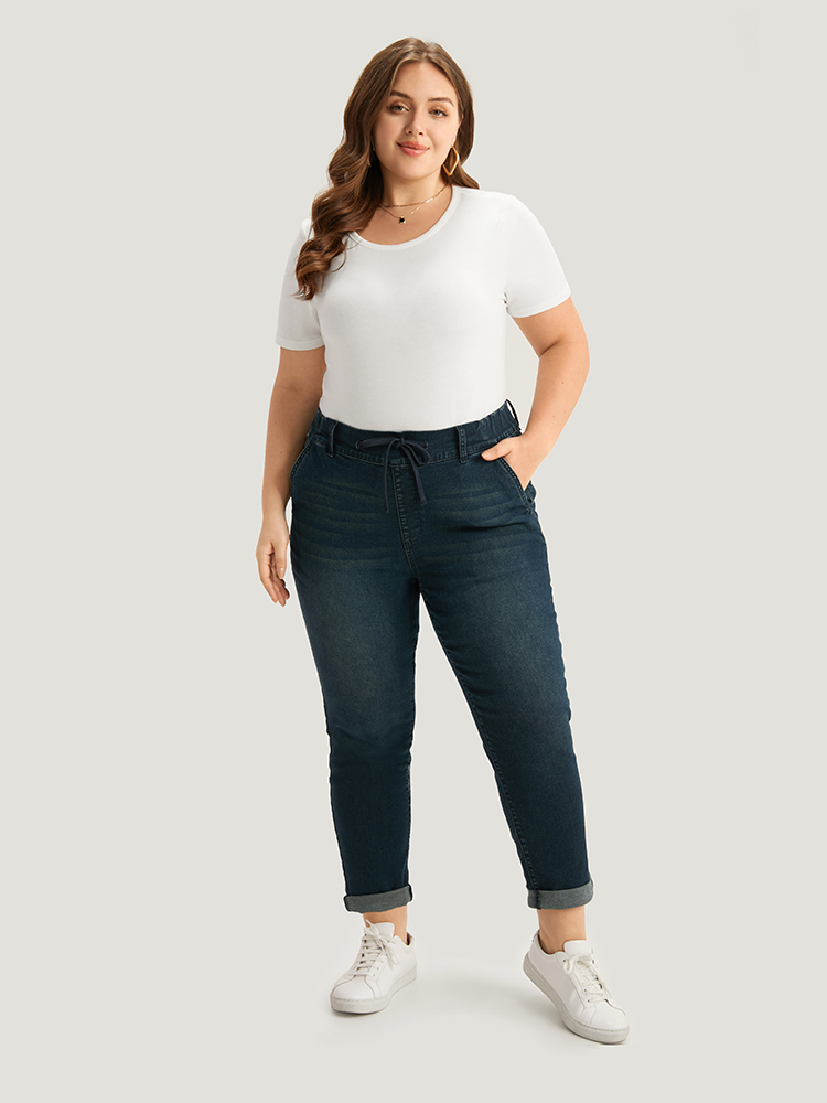 

Plus Size Plain Drawstring Front Roll Hem Jeans Women Midnight Casual Plain Plain High stretch Pocket Jeans BloomChic