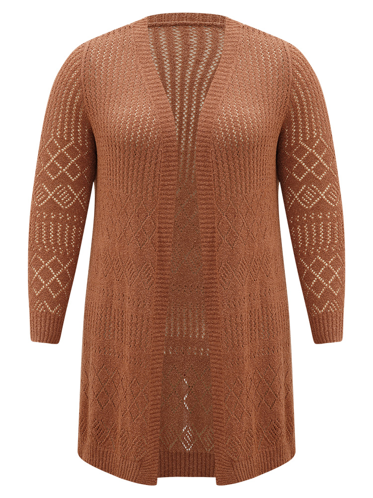 Plus Size Cardigans | Solid Geometric Hollow Out Open Front Cardigan | BloomChic 