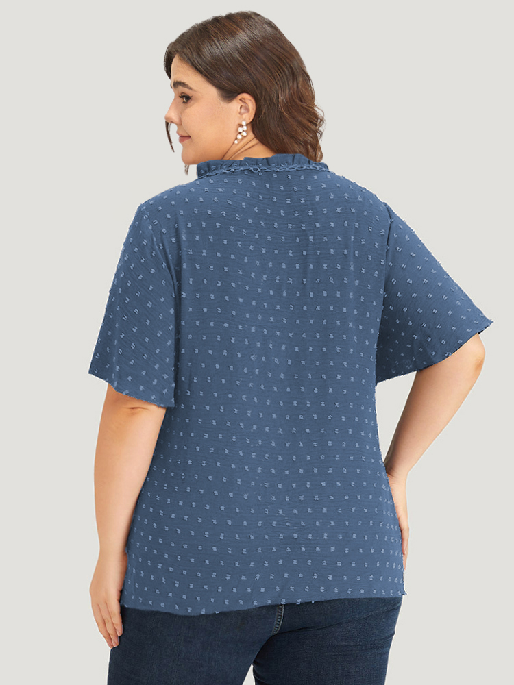 

Plus Size Stone Polka Dot Frill Trim V Neck Flutter Blouse Women Elegant Short sleeve V-neck Work Blouses BloomChic