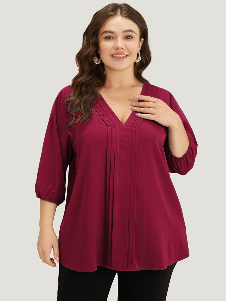 

Plus Size Scarlet Plain Pleated Detail Elastic Cuffs V Neck Blouse Women Office Elbow-length sleeve V-neck Work Blouses BloomChic