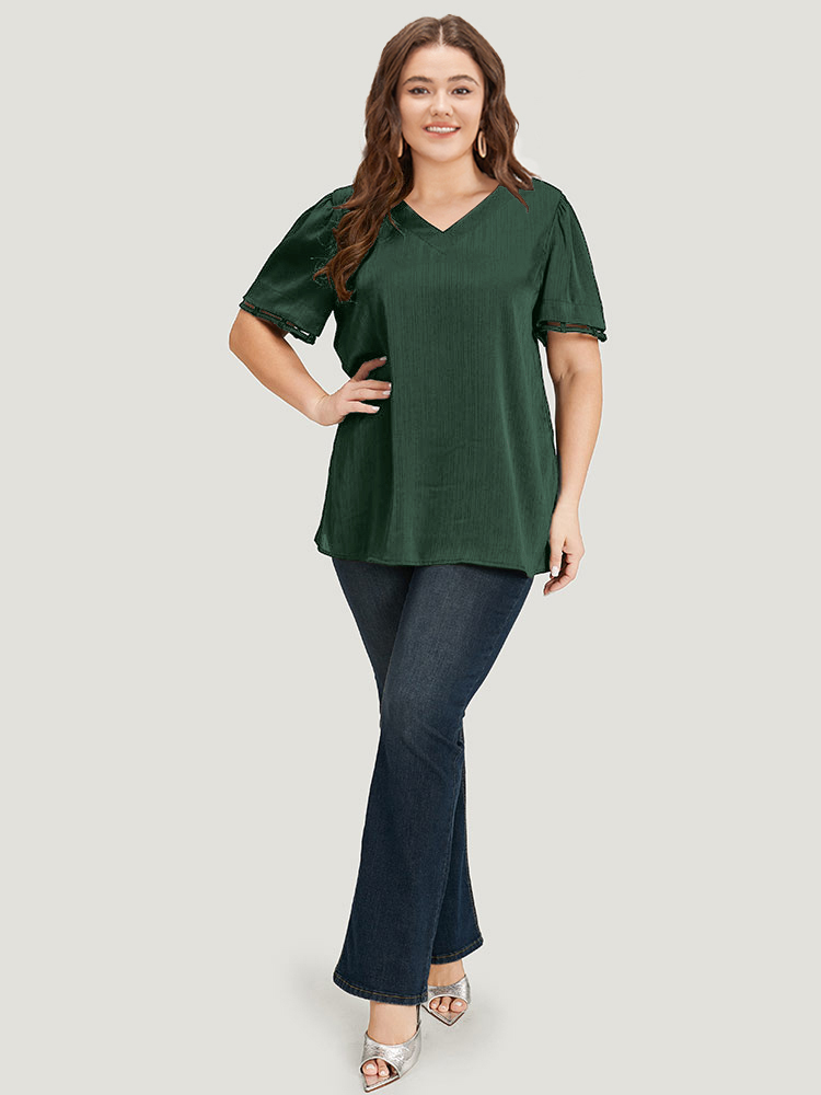 

Plus Size DarkGreen Plain Cut Out V Neck Blouse Women Office Short sleeve V-neck Work Blouses BloomChic