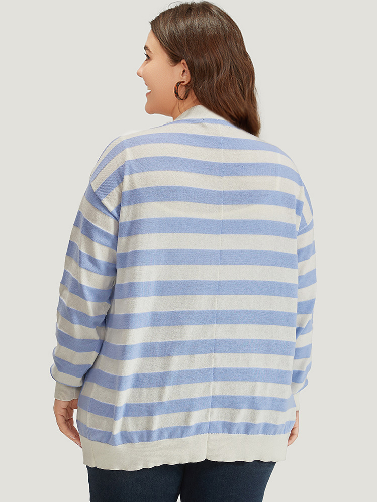 

Plus Size Striped Button Down Patched Pocket Cardigan LightBlue Women Casual Loose Long Sleeve Everyday Cardigans BloomChic