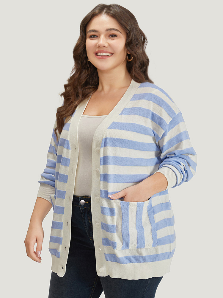 Plus Size Cardigans | Striped Button Down Patched Pocket Cardigan | BloomChic 
