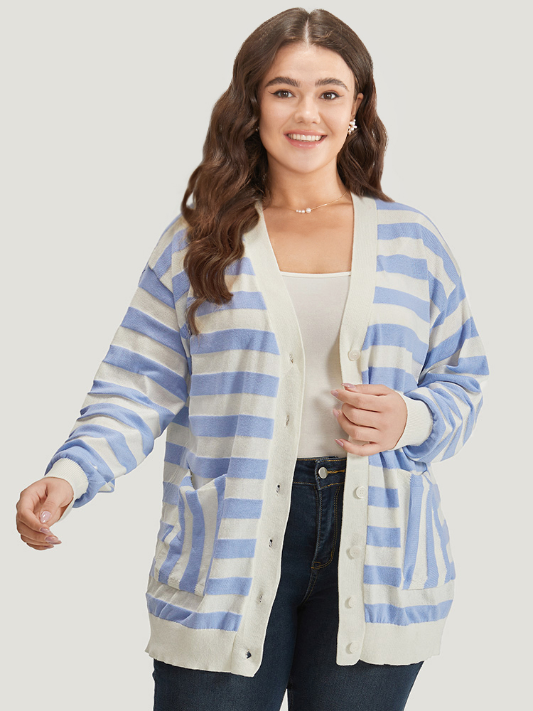 Plus Size Cardigans | Striped Button Down Patched Pocket Cardigan | BloomChic 
