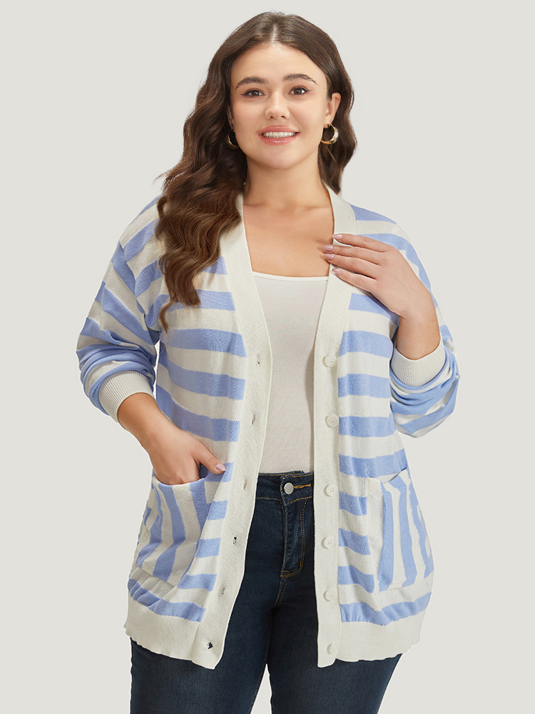 Plus Size Cardigans | Striped Button Down Patched Pocket Cardigan | BloomChic 