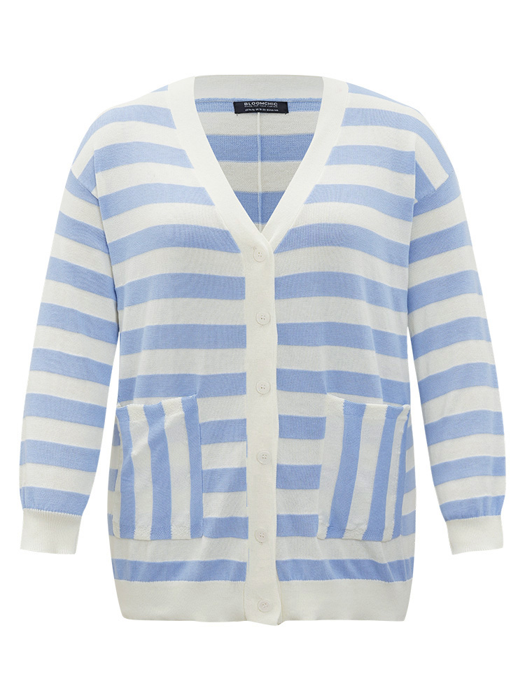 Plus Size Cardigans | Striped Button Down Patched Pocket Cardigan | BloomChic 